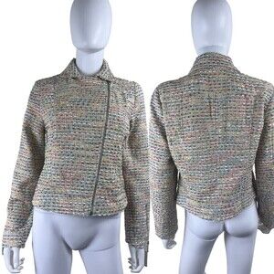 Umgee Women Size L Cream Tweed Cropped Gold Confetti Moto Cotton Jacket Party